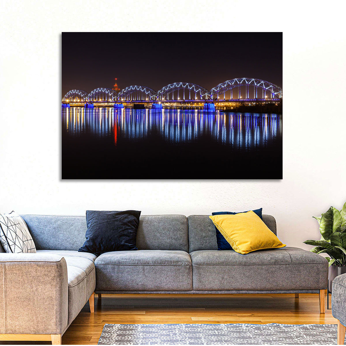 Riga Railway Bridge Nightscape Wall Art in a room, landscape