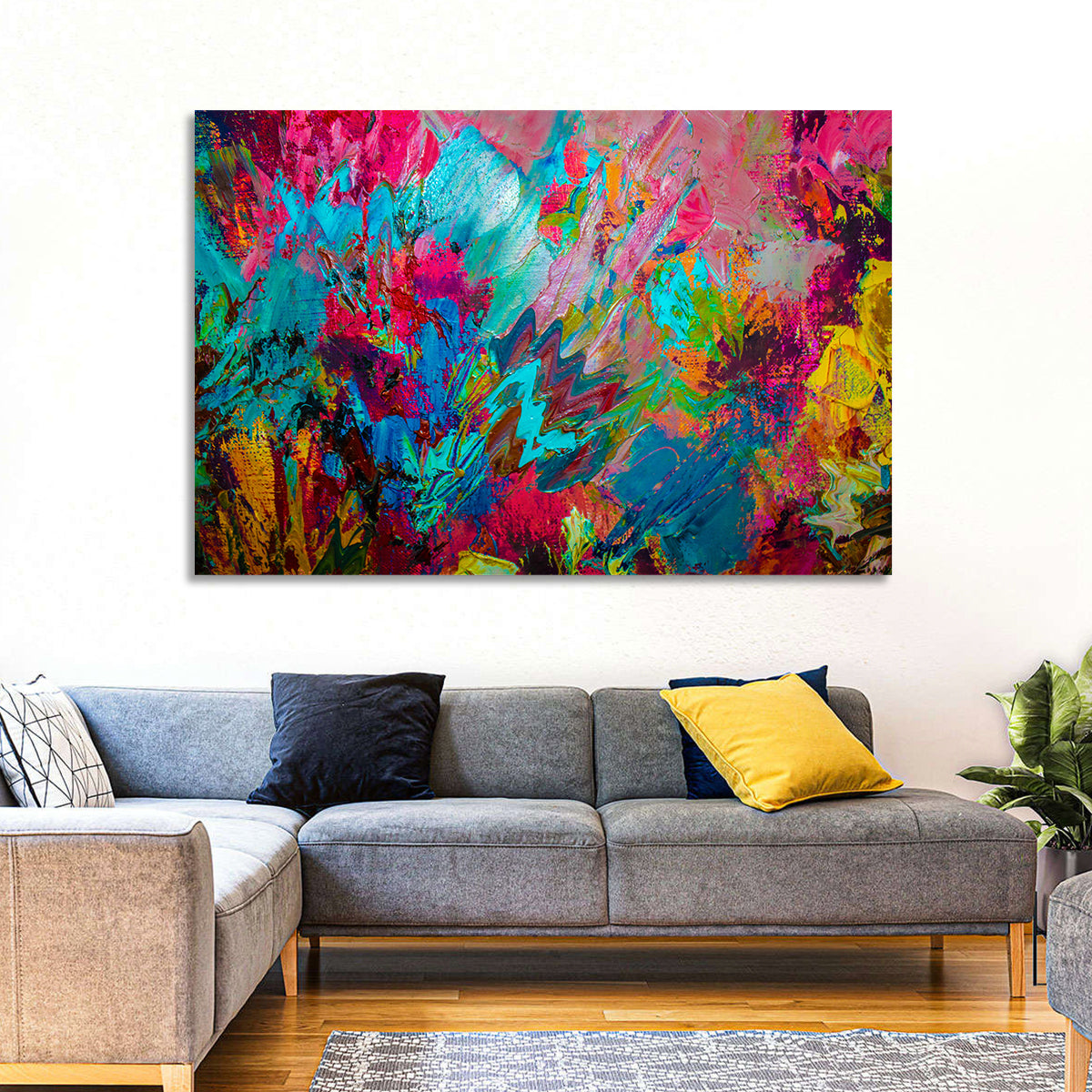 Vibrant Impasto Color Burst Abstract Wall Art in a room, landscape