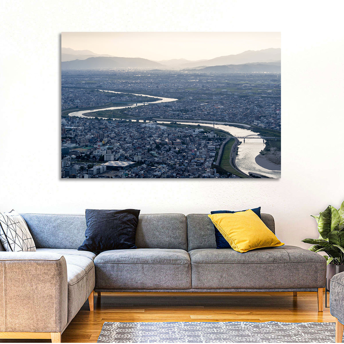 Gifu Aerial River View Wall Art in a room, landscape