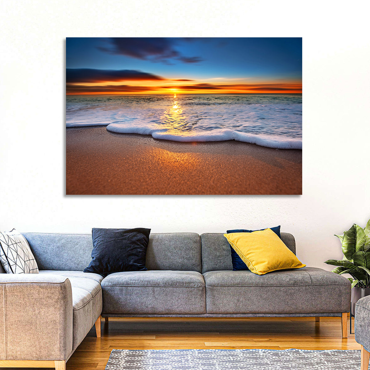 Sun Flare Beach Sunrise Wall Art in a room, landscape
