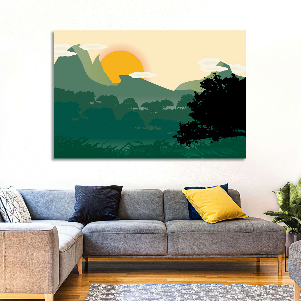 Geometric Mountain Forest Sunrise Wall Art in a room, landscape