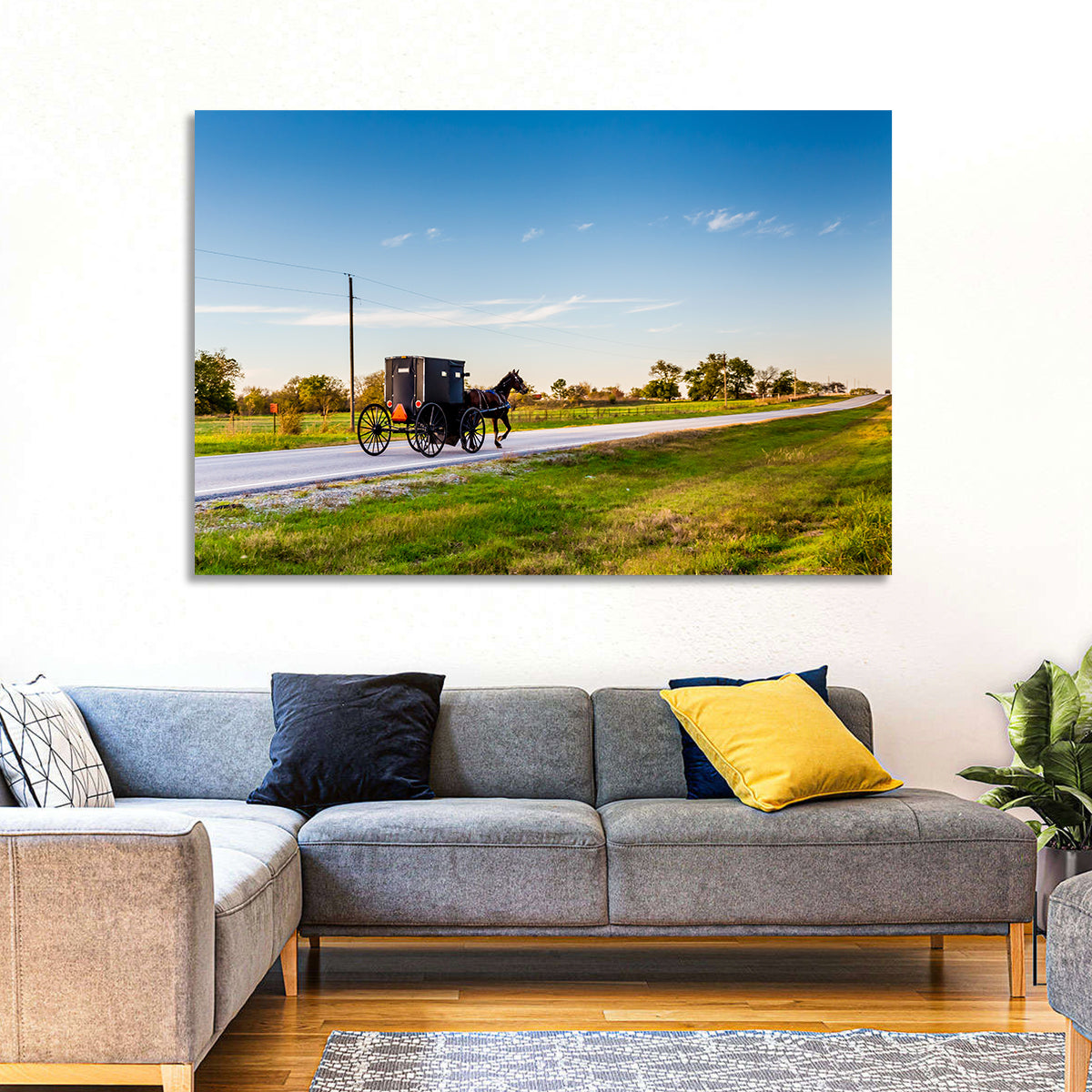 Amish Horse and Buggy, Oklahoma Wall Art in a room, landscape