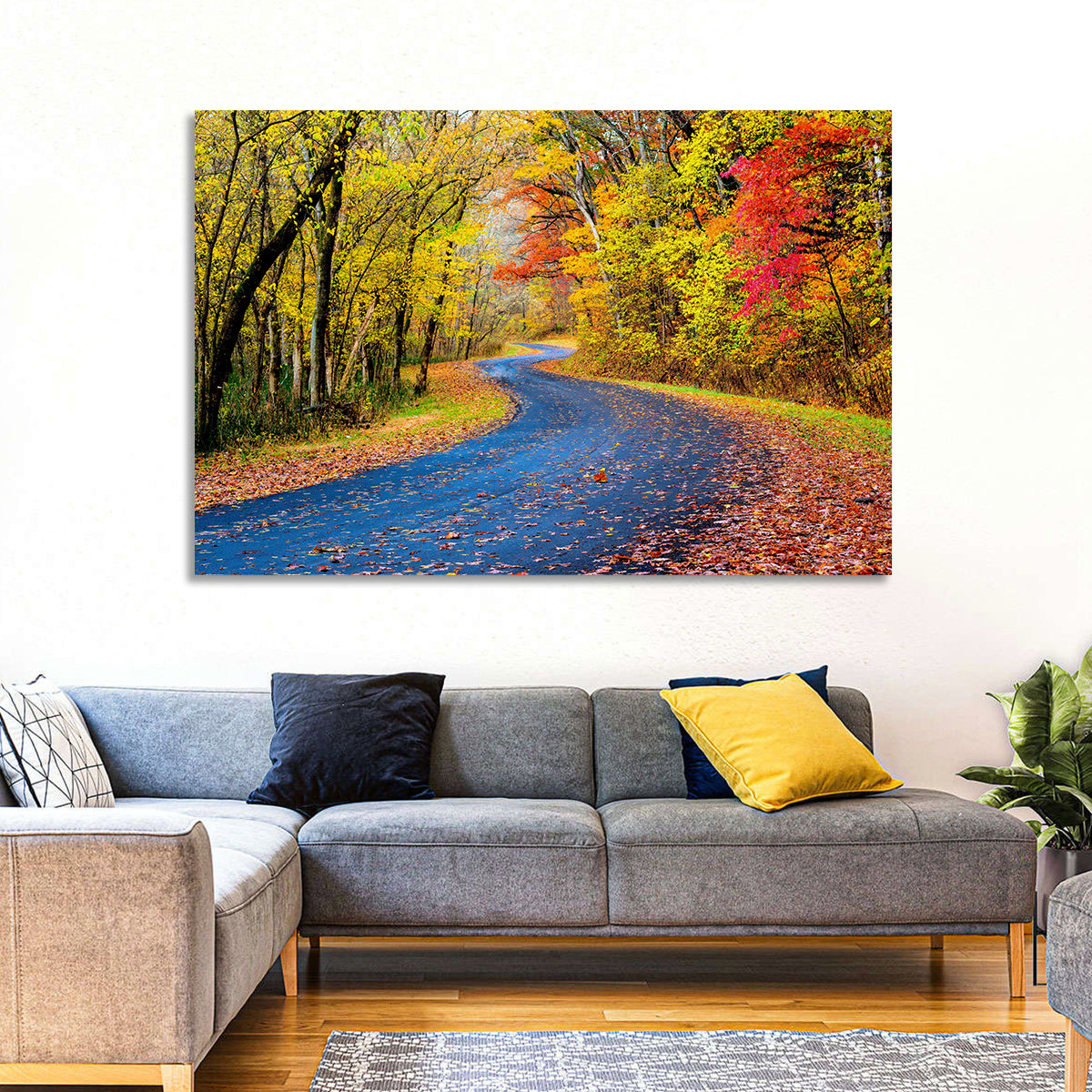 Wet Autumn Road Wall Art in a room, landscape