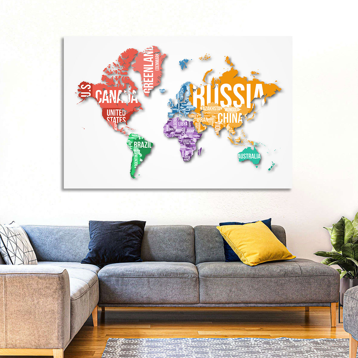Colorful Country Name World Map Wall Art