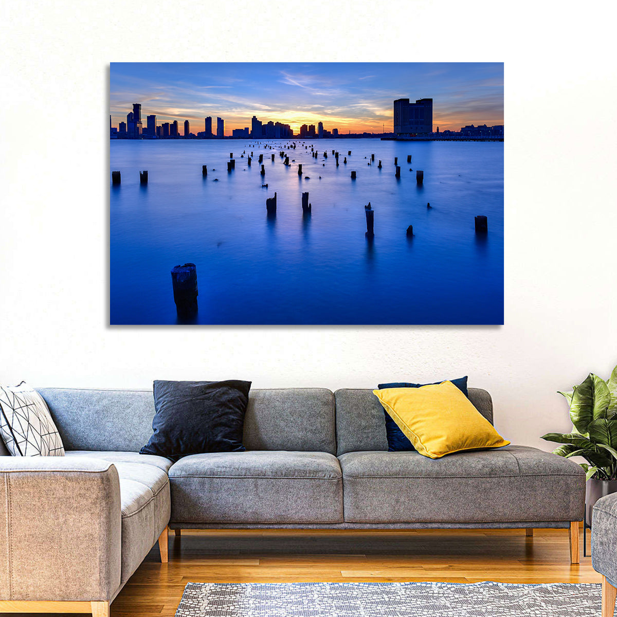 Jersey City Skyline at Dusk Wall Art in a room, landscape