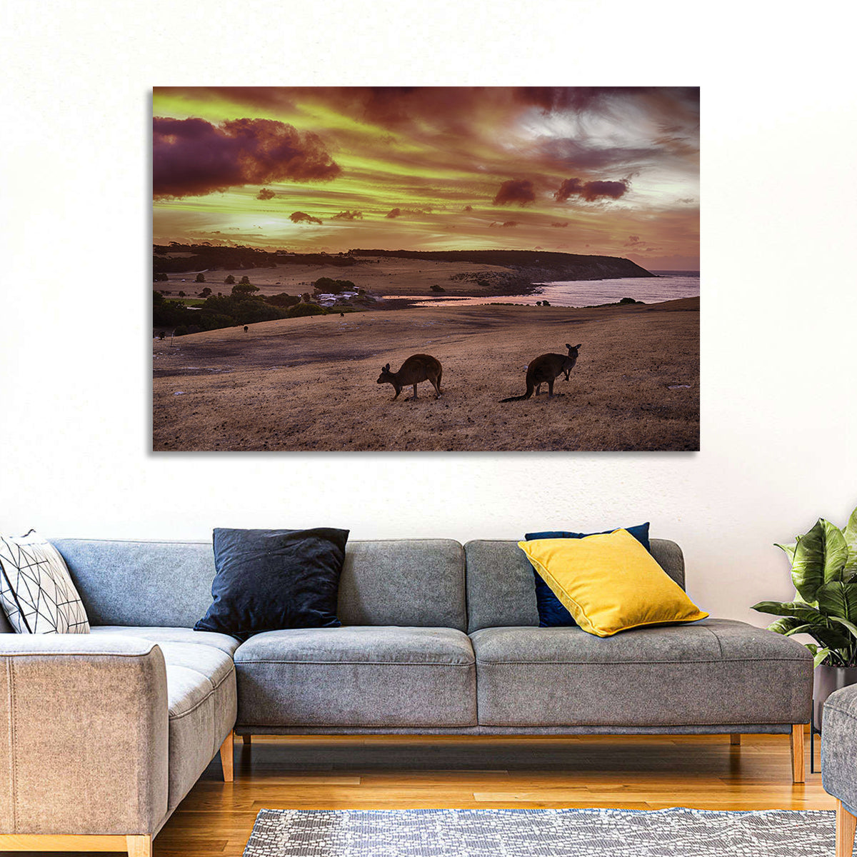 Two Kangaroos at Sunset Coast Wall Art in a room, landscape