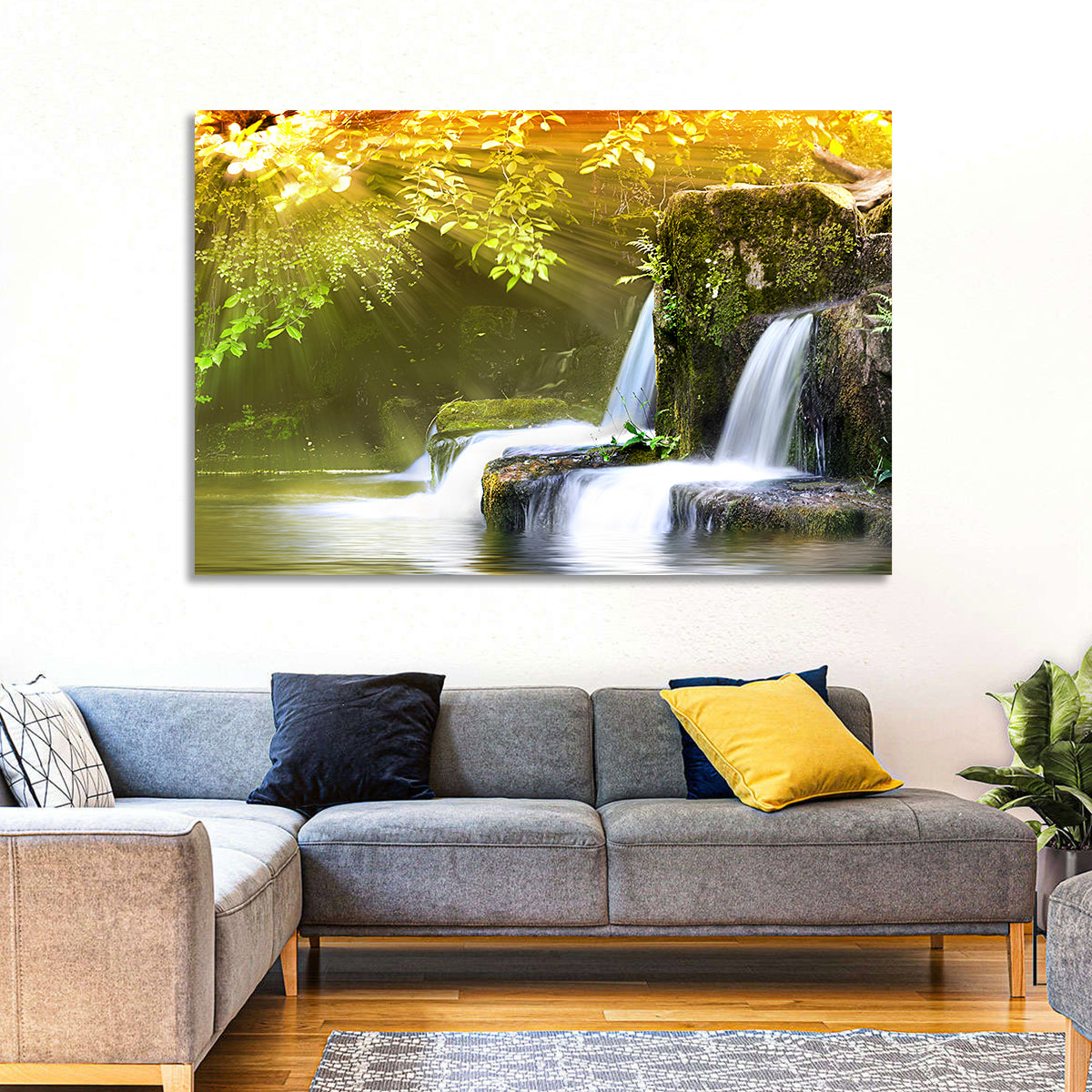 Sunlit Forest Waterfall Wall Art