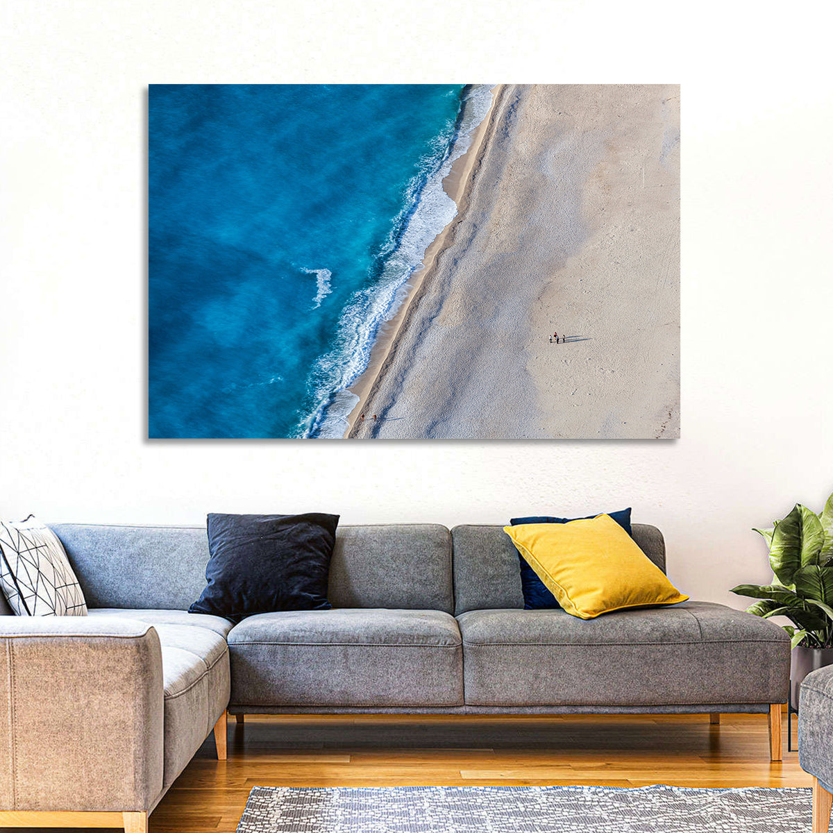 Myrtos Beach Aerial View Wall Art in a room, landscape