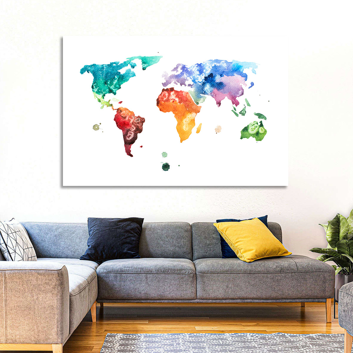 Multicolor Watercolor World Map Wall Art