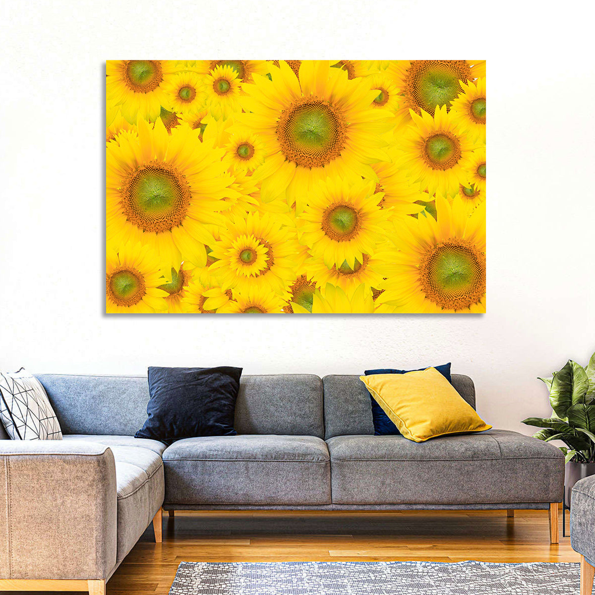 Sunflower Field Close-up in Yellow Wall Art in a room, landscape