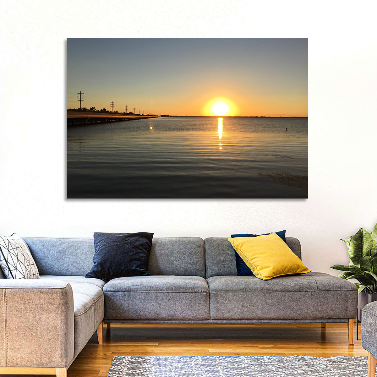 Lake Ray Hubbard Sunset Reflection Wall Art in a room, landscape