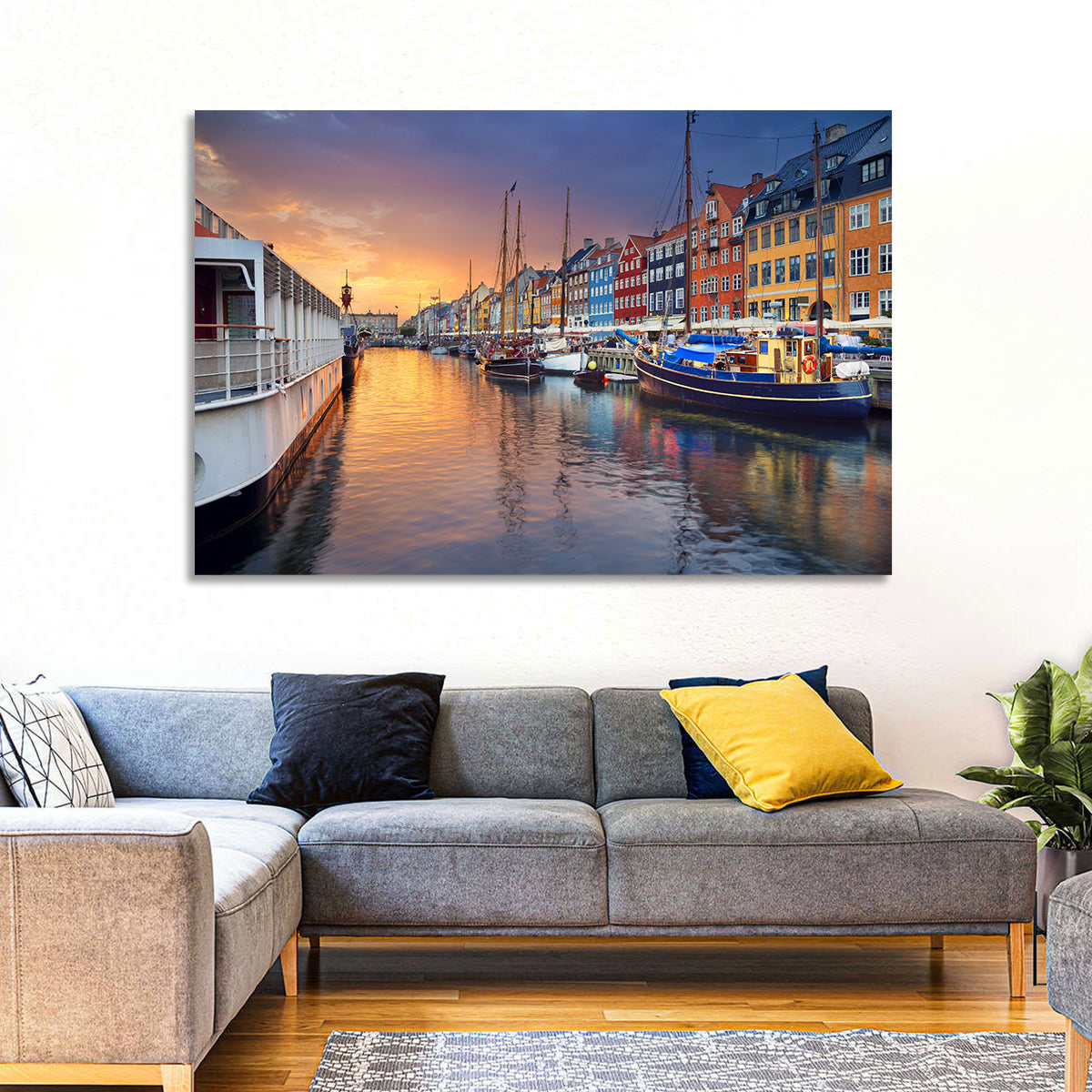 Nyhavn Canal at Sunset Wall Art in a room, landscape
