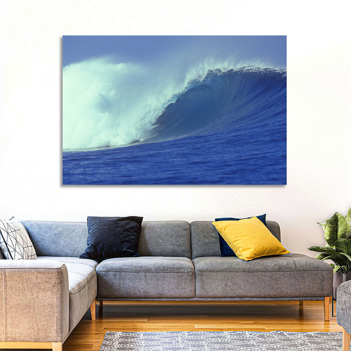 Deep Blue Barrel Wave Wall Art in a room, landscape