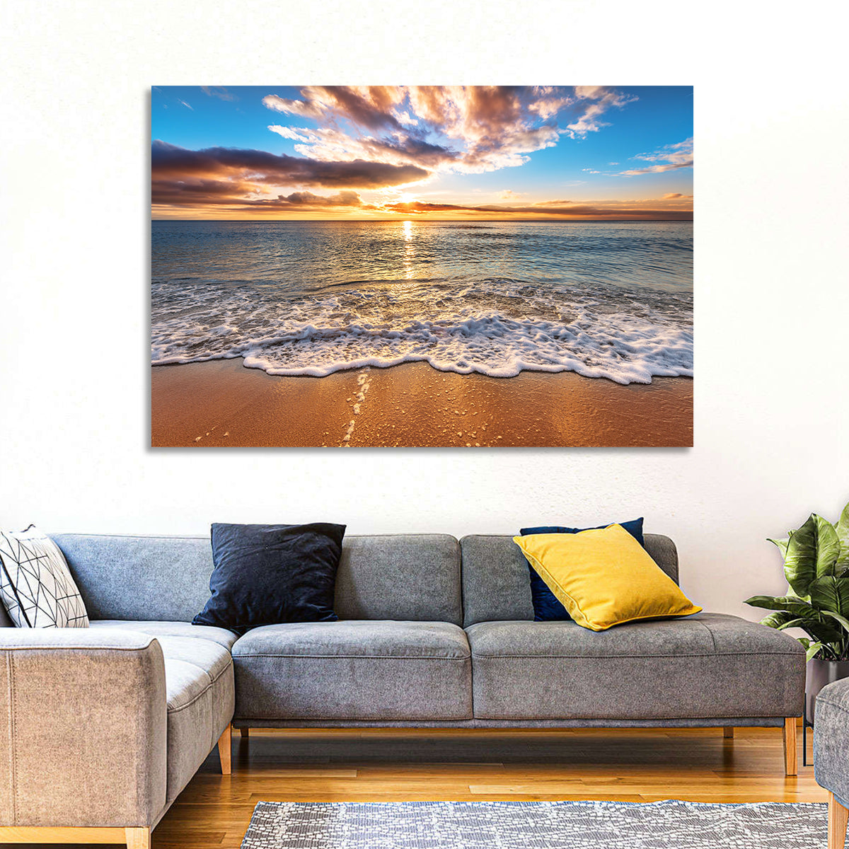 Golden Beach Sunrise Wall Art in a room, landscape