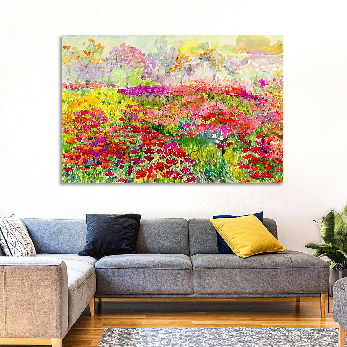 Summer Poppy Meadow Watercolor Wall Art in a room, landscape