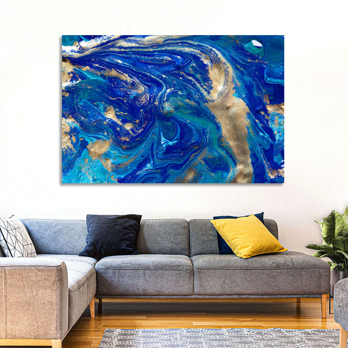 Blue and Gold Liquid Marble Swirls Wall Art in a room, landscape