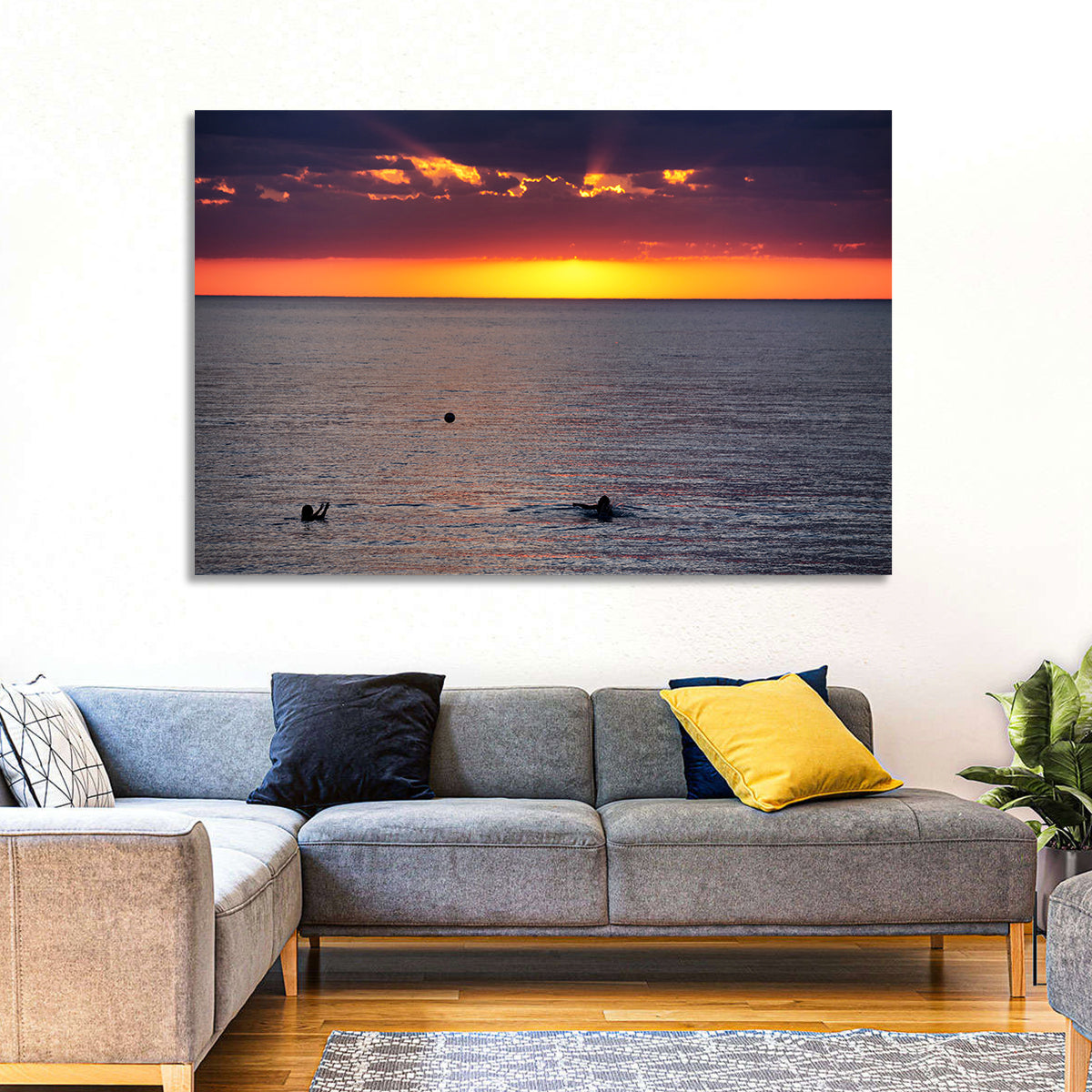 Balkhash Sunset Silhouettes Wall Art in a room, landscape