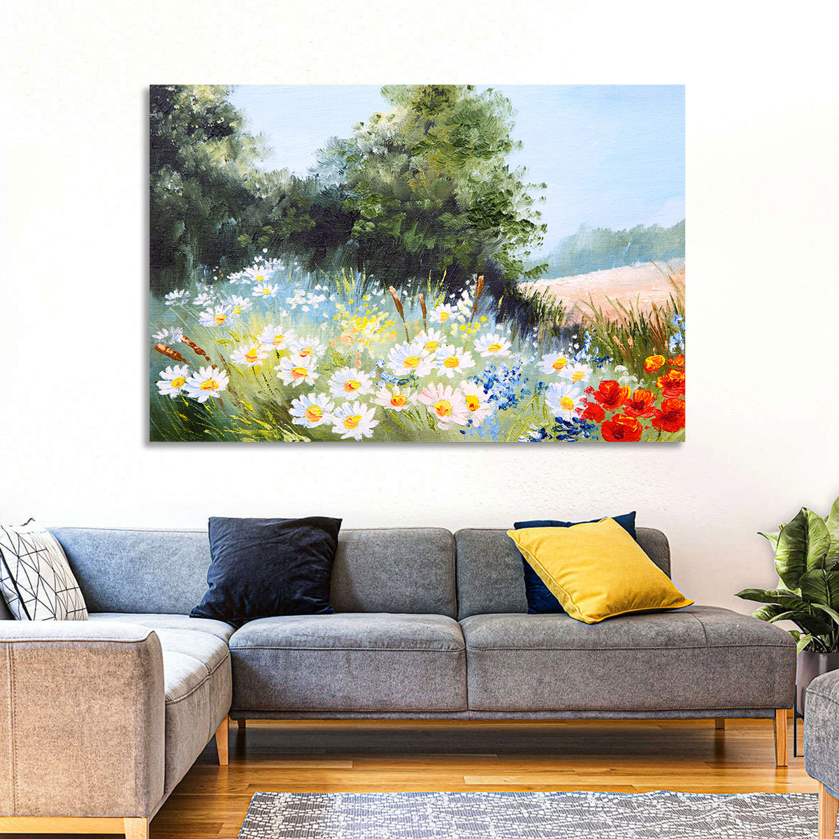 Sunny Daisy Meadow with Red Poppies Wall Art in a room, landscape