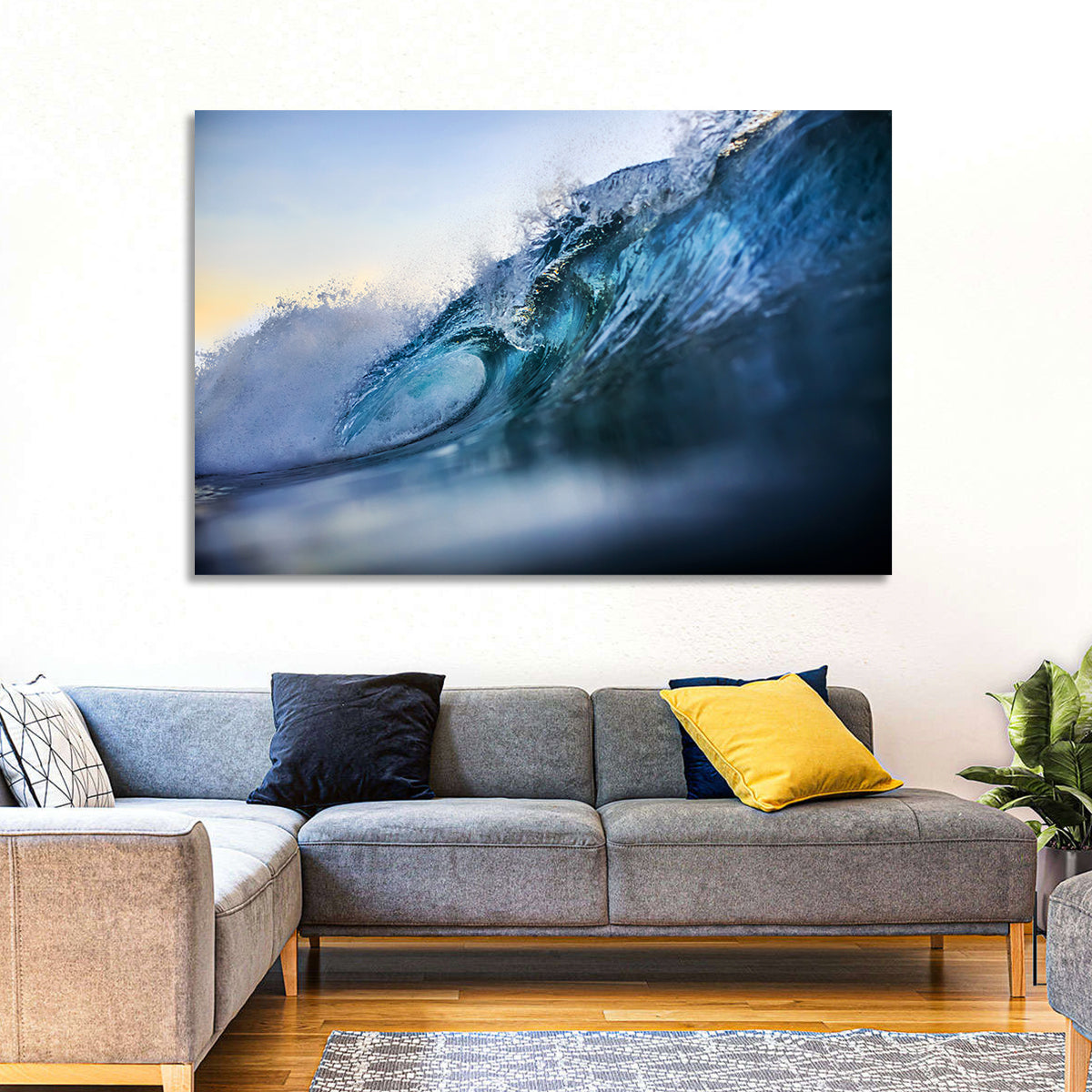 Golden Hour Barrel Wave Wall Art in a room, landscape