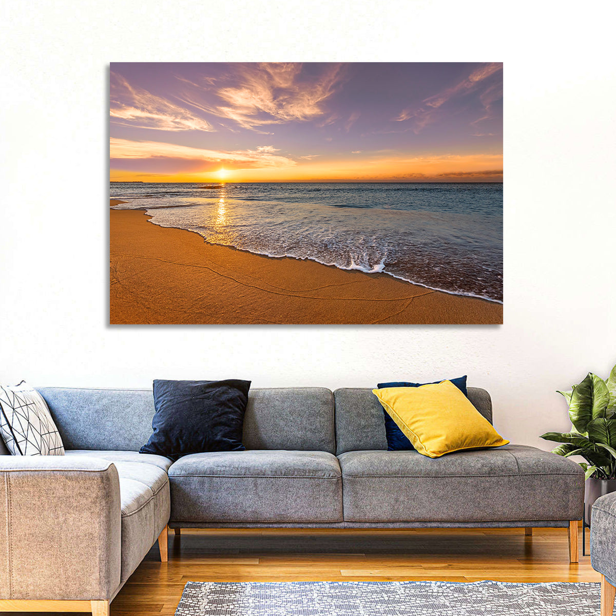 Sunrise Over Ocean Beach Wall Art in a room, landscape