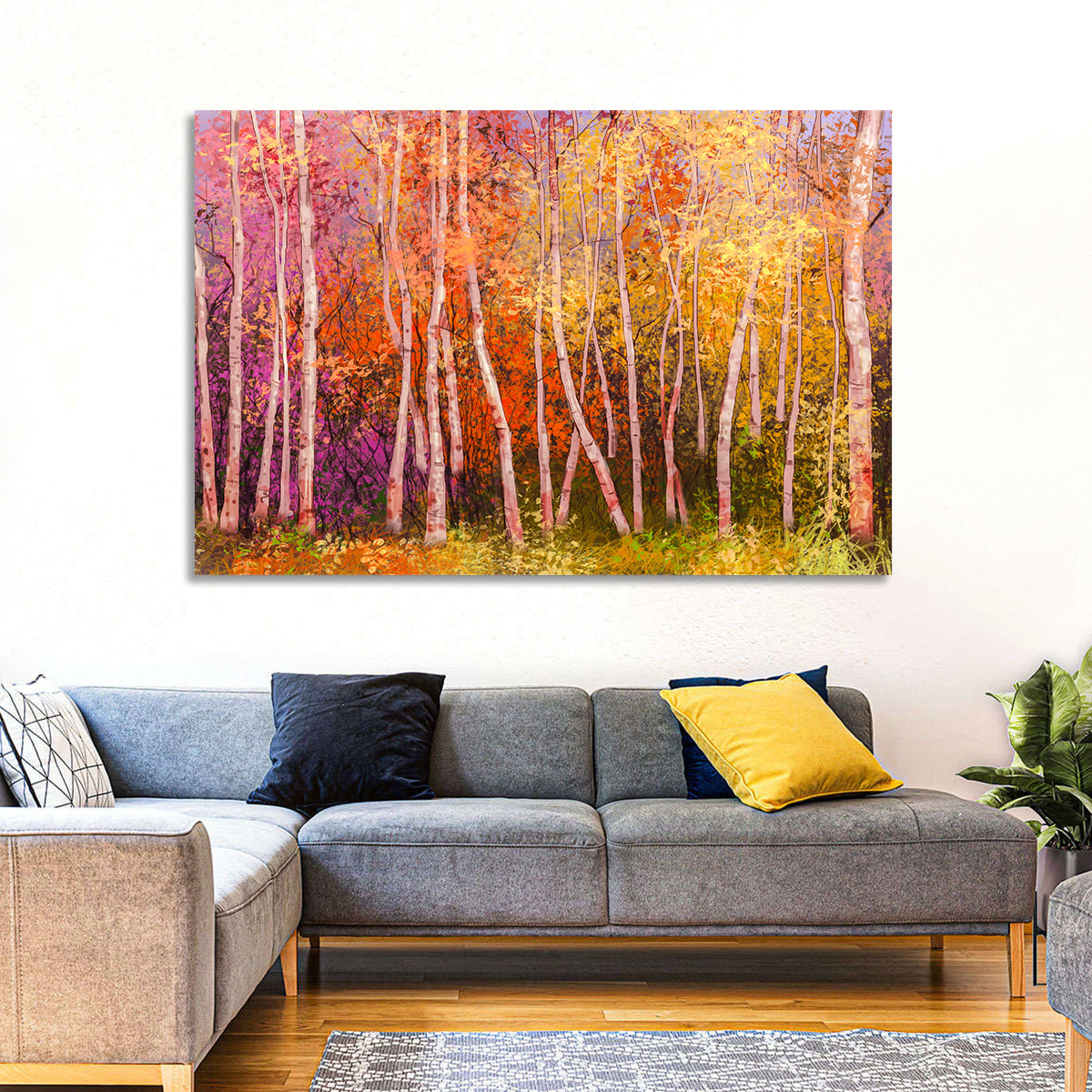 Vibrant Autumn Birch Grove Wall Art in a room, landscape