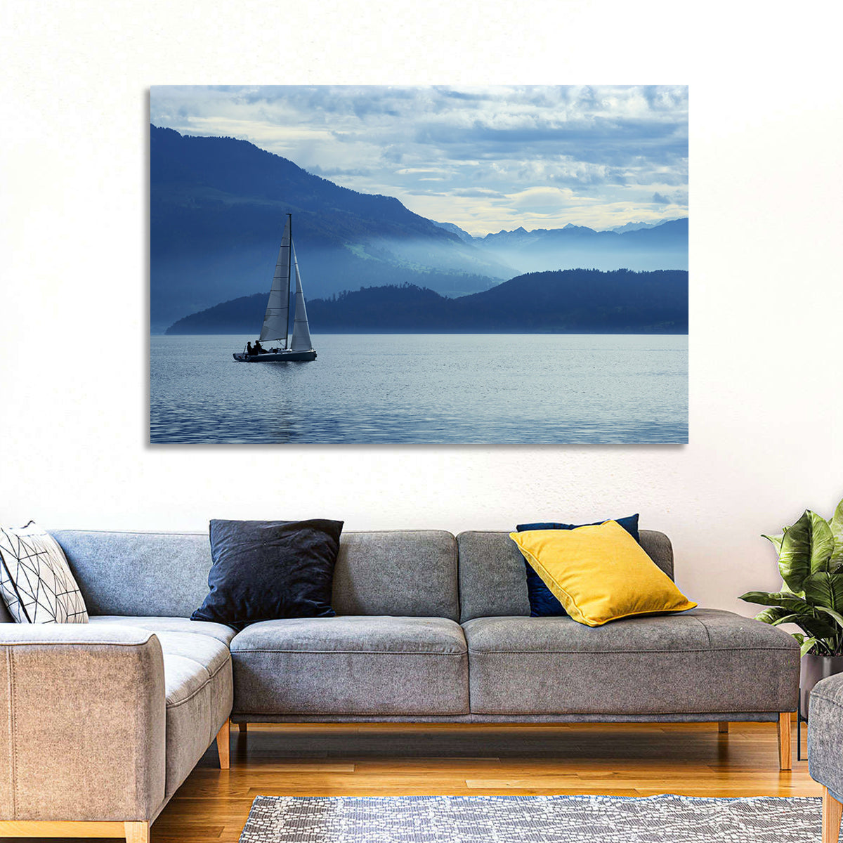 Lake Zug Sailing Wall Art in a room, landscape