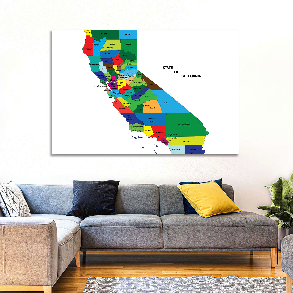 California Map with Colored Counties Wall Art in a room, landscape