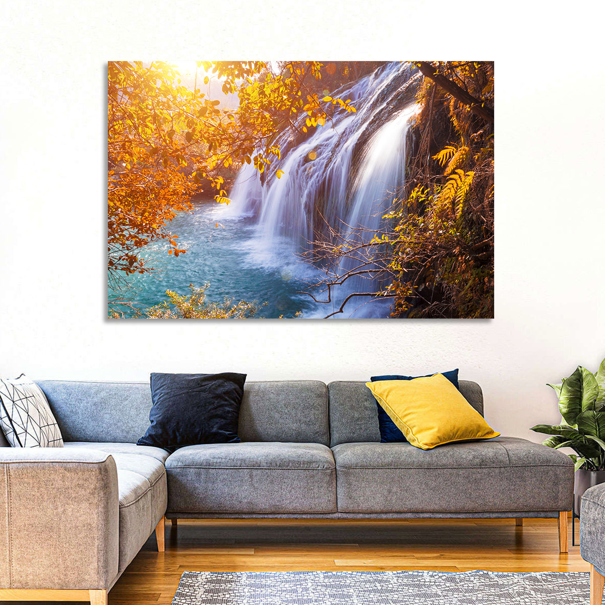 Golden Hour Waterfall in Autumn Forest Wall Art in a room, landscape