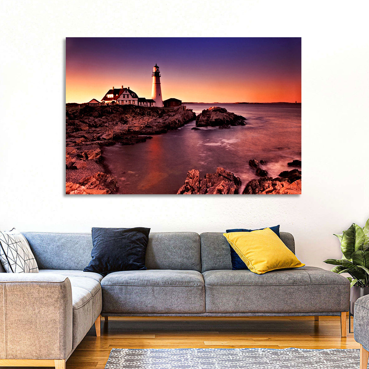 Portland Head Light at Dusk Wall Art in a room, landscape