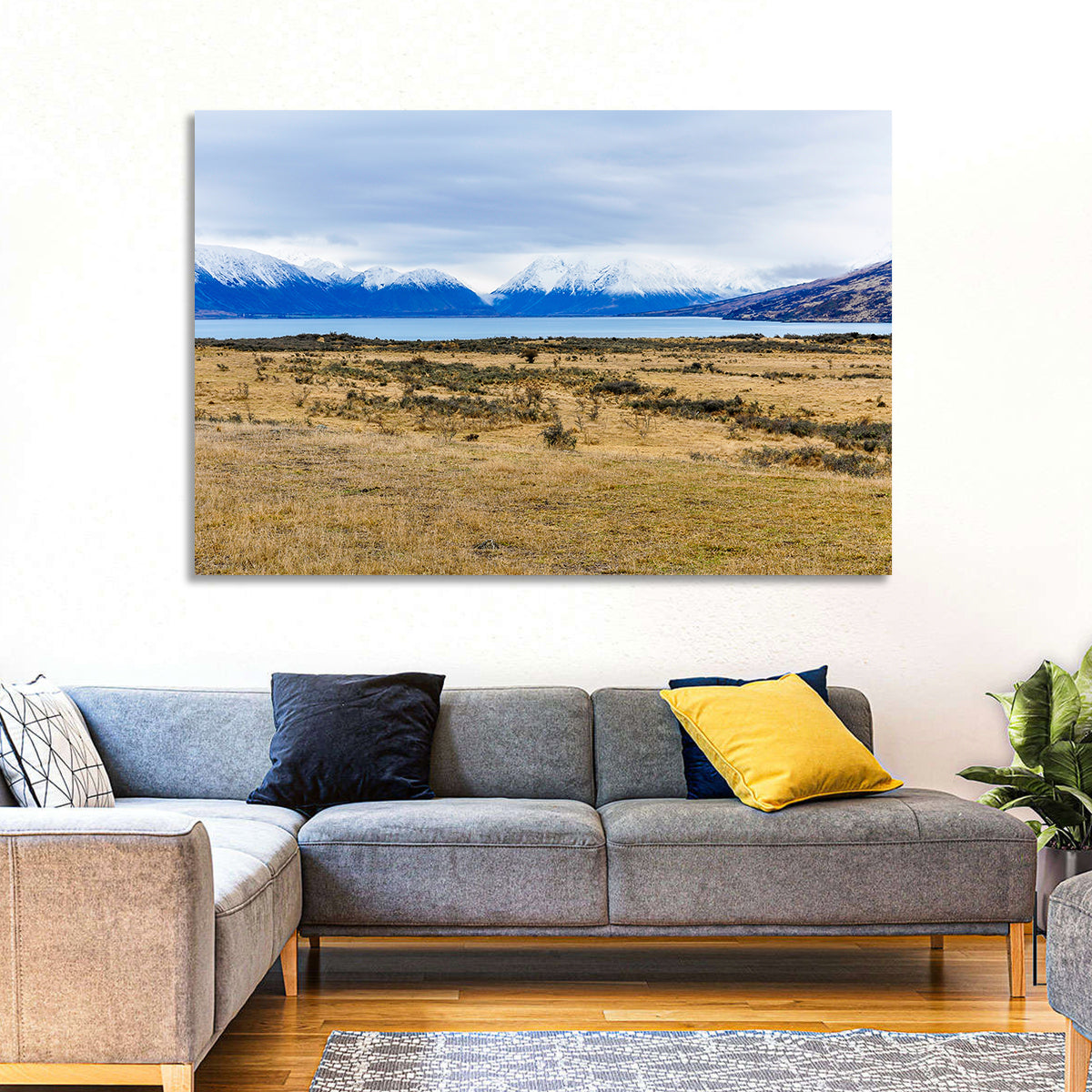 Snowy Peaks of Lake Ohau Wall Art in a room, landscape