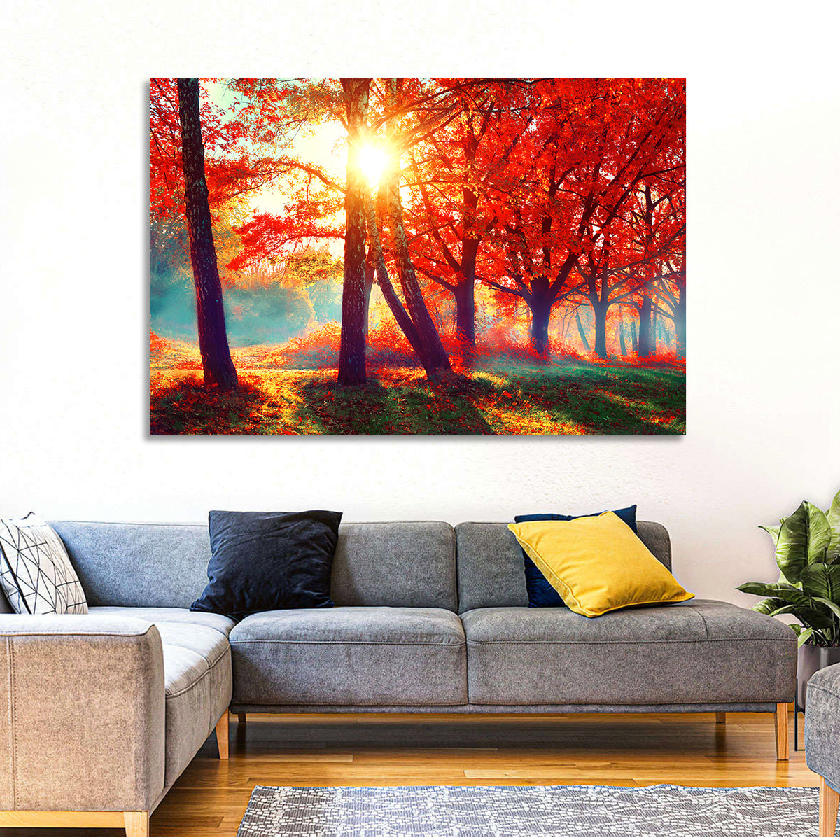 Autumn Park Sunrise Wall Art in a room, landscape