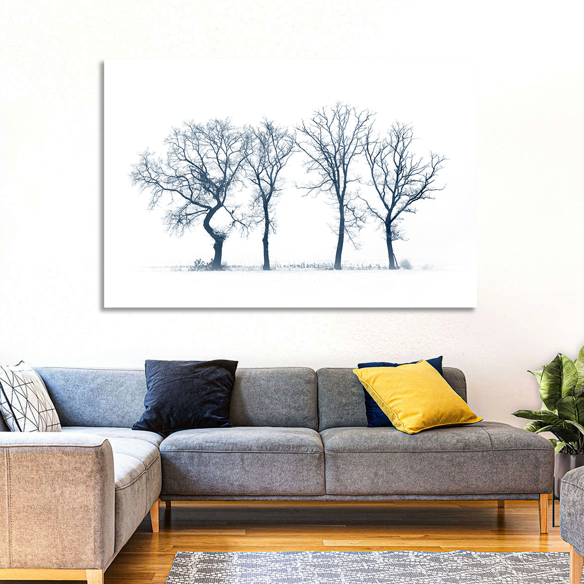 Four Bare Trees in Winter Wall Art in a room, landscape
