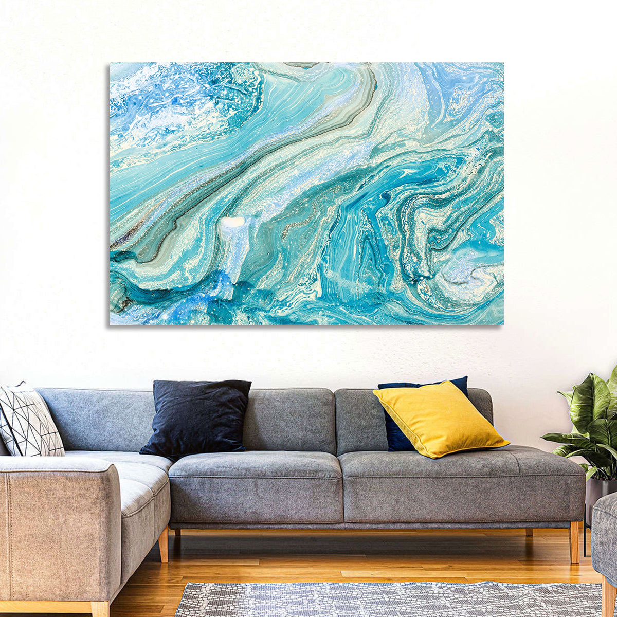 Aqua Marble Swirls with Silver Accents Wall Art in a room, landscape