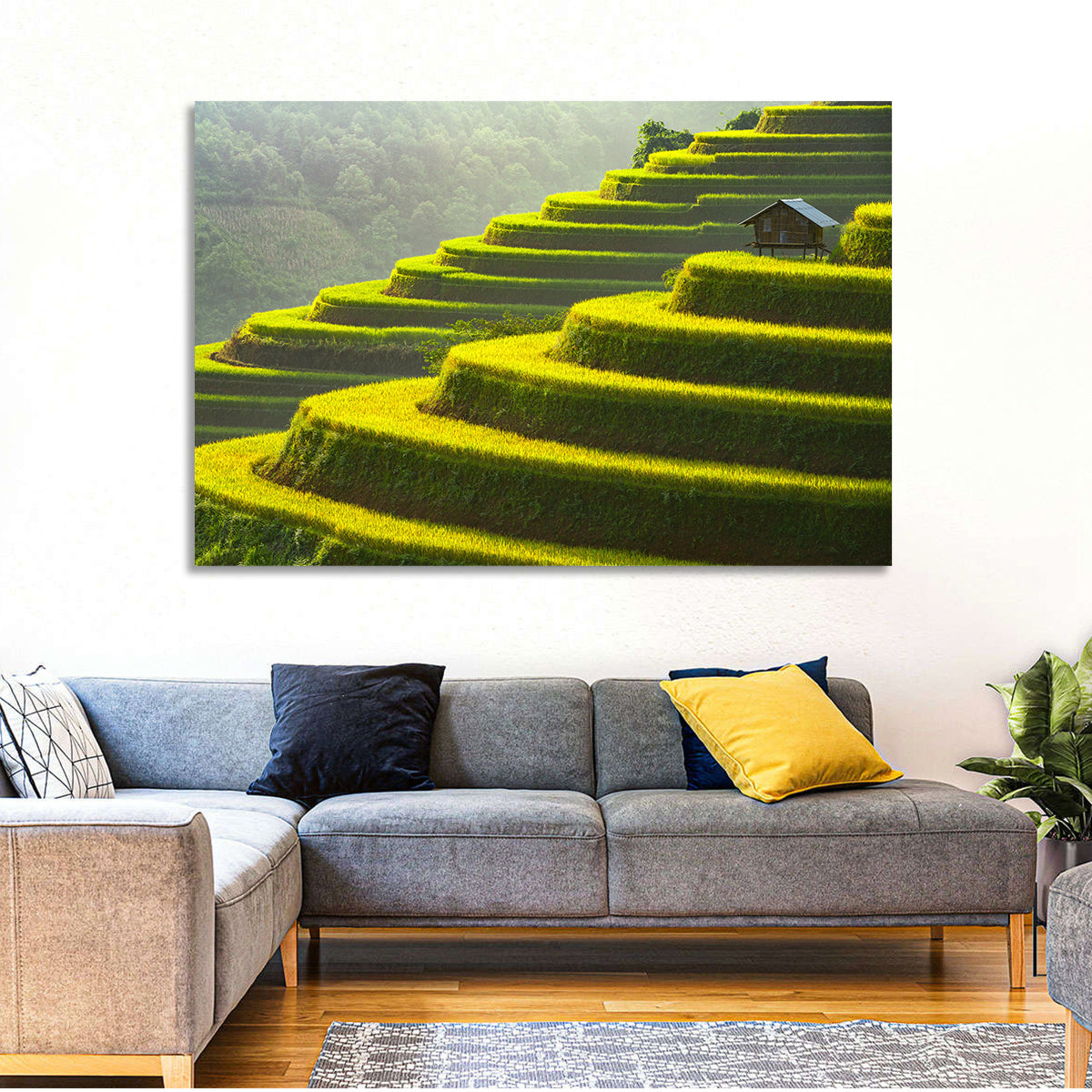 Golden Rice Terraces Wall Art in a room, landscape