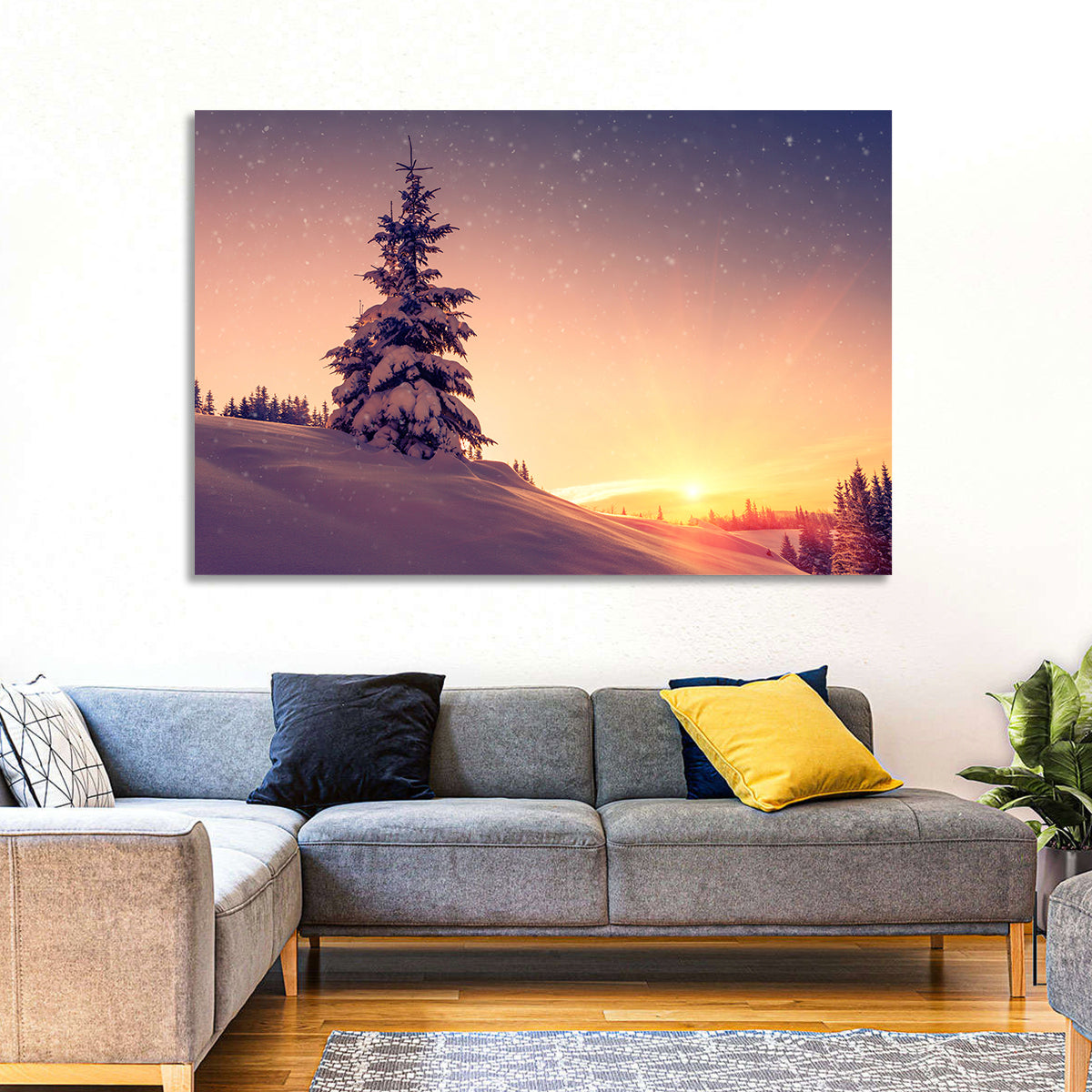 Snowy Sunset with Conifer Wall Art