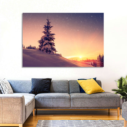 Snowy Sunset with Conifer Wall Art