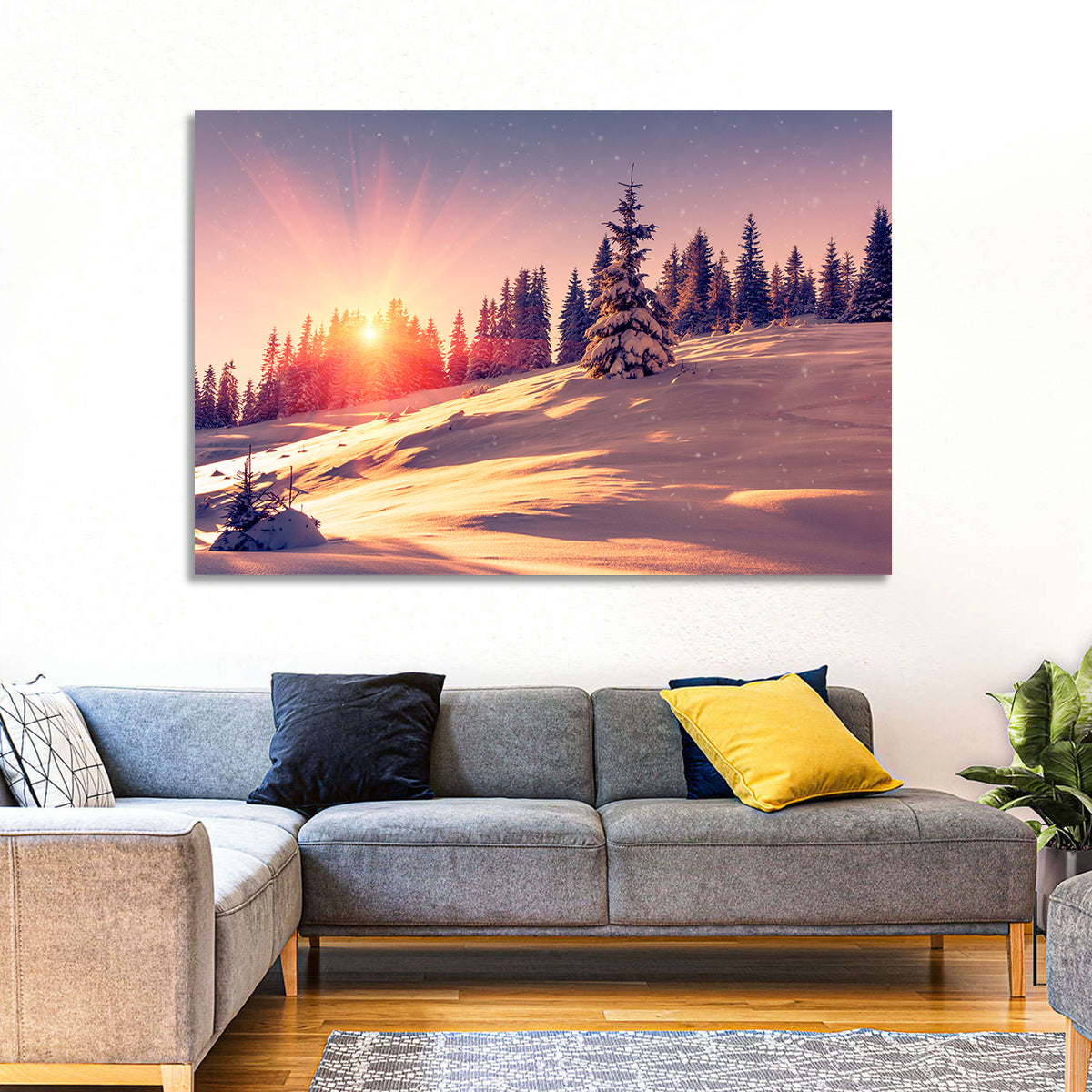 Winter Mountains Sunrise Wall Art in a room, landscape