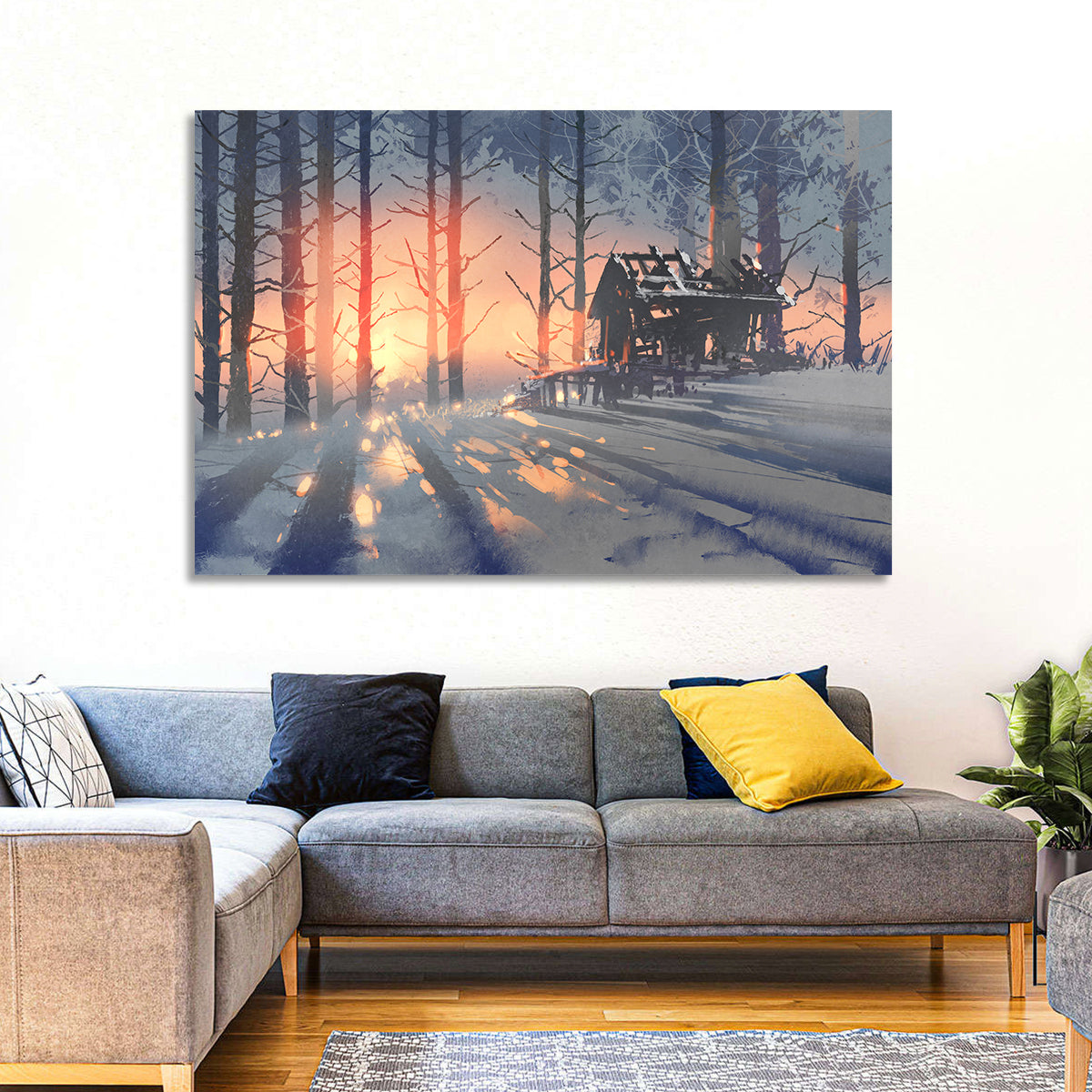 Snowy Forest Cabin at Sunset Wall Art in a room, landscape