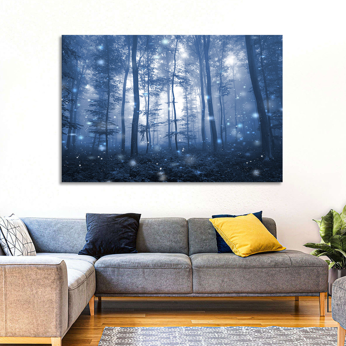 Blue Mist Forest at Twilight Wall Art in a room, landscape