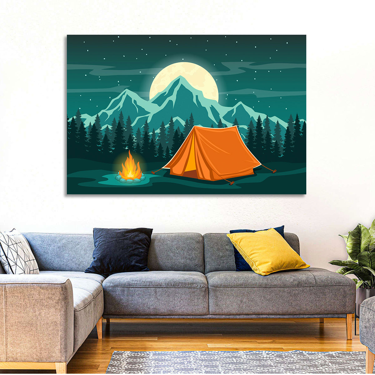 Moonlit Campfire Landscape Wall Art in a room, landscape