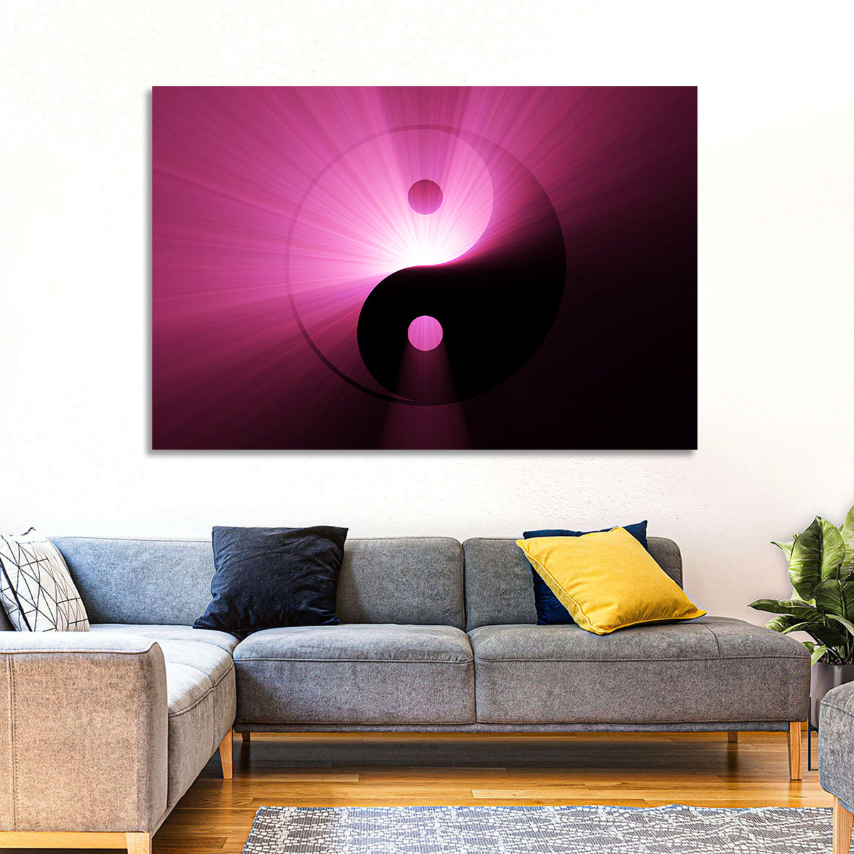 Magenta Yin Yang Symbol Wall Art in a room, landscape
