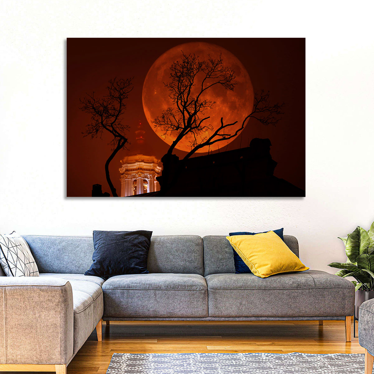 Haunted Supermoon Over Church Spire Wall Art