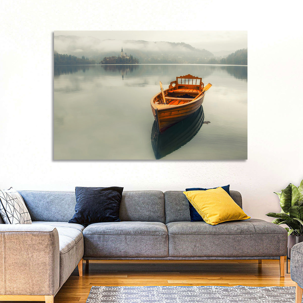 Wooden Boat on Misty Lake Bled Wall Art in a room, landscape