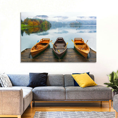 Moored Boats on Misty Lake Bled Wall Art