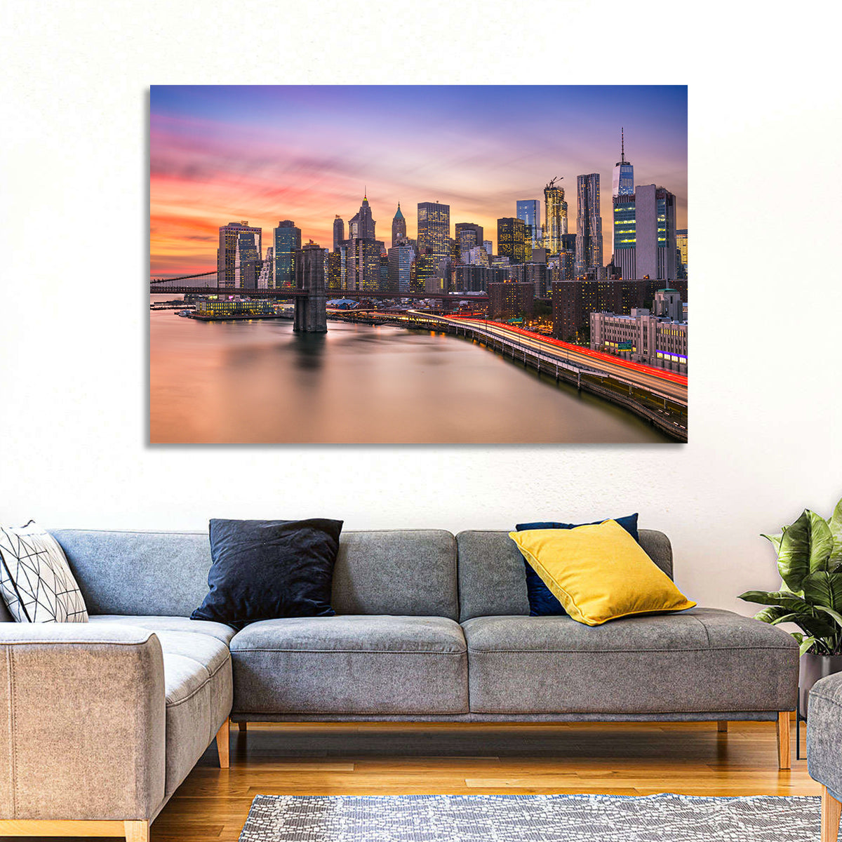 Brooklyn Bridge Light Trails Over Lower Manhattan Wall Art