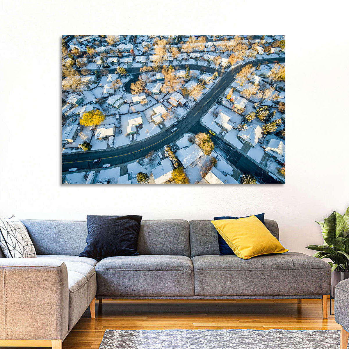 Snowy Fort Collins Neighborhood Aerial Wall Art in a room, landscape