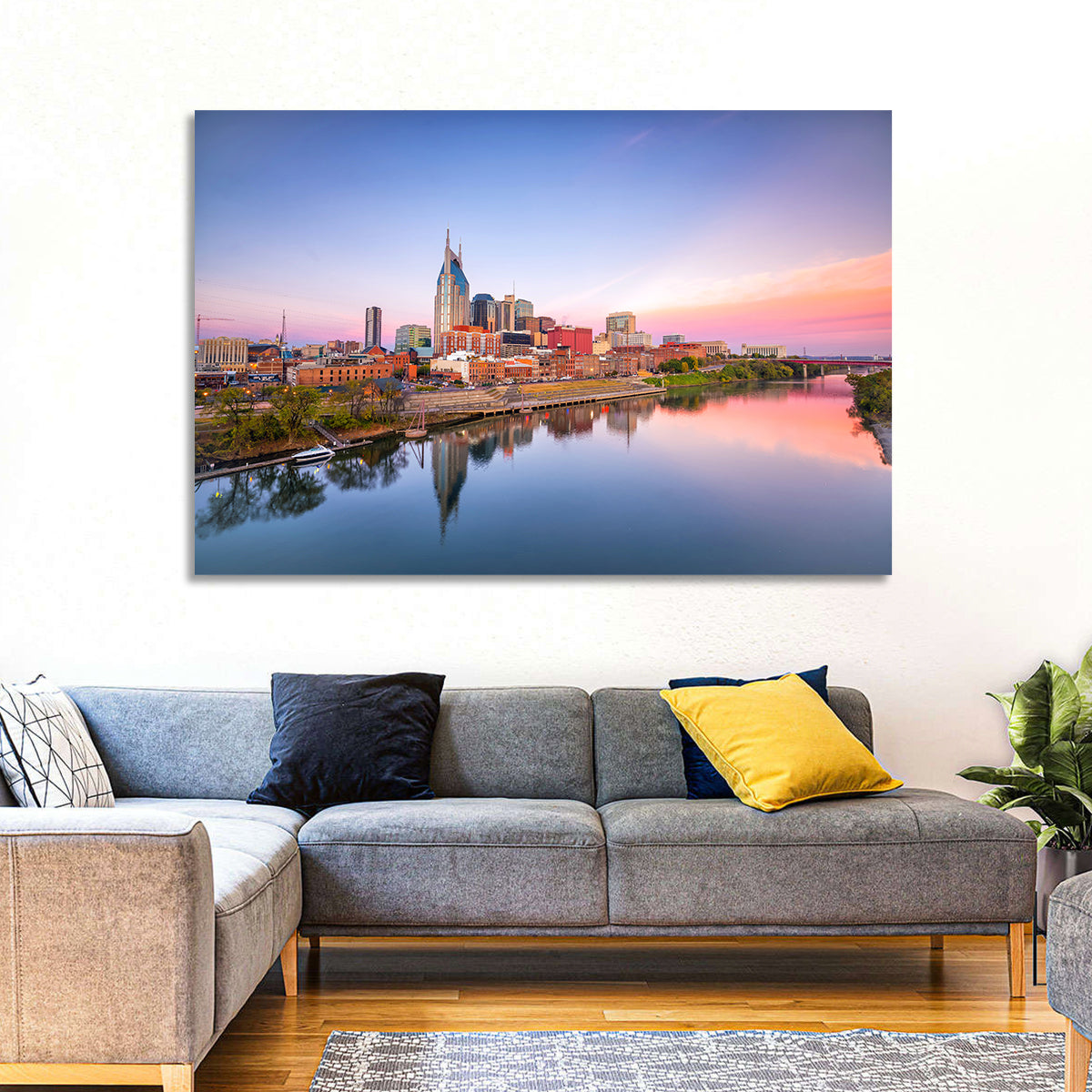 Nashville Skyline at Dusk Wall Art in a room, landscape