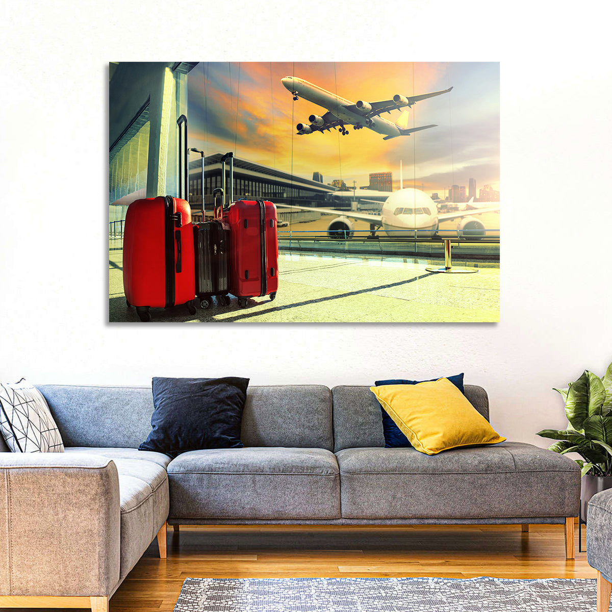 Suitcases at the Airport Window Wall Art in a room, landscape