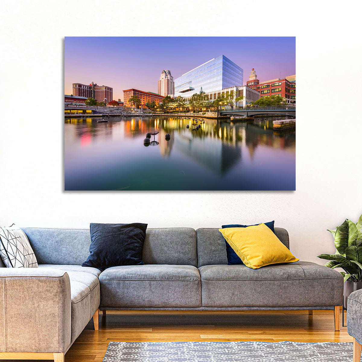 Providence River Skyline at Twilight Wall Art in a room, landscape