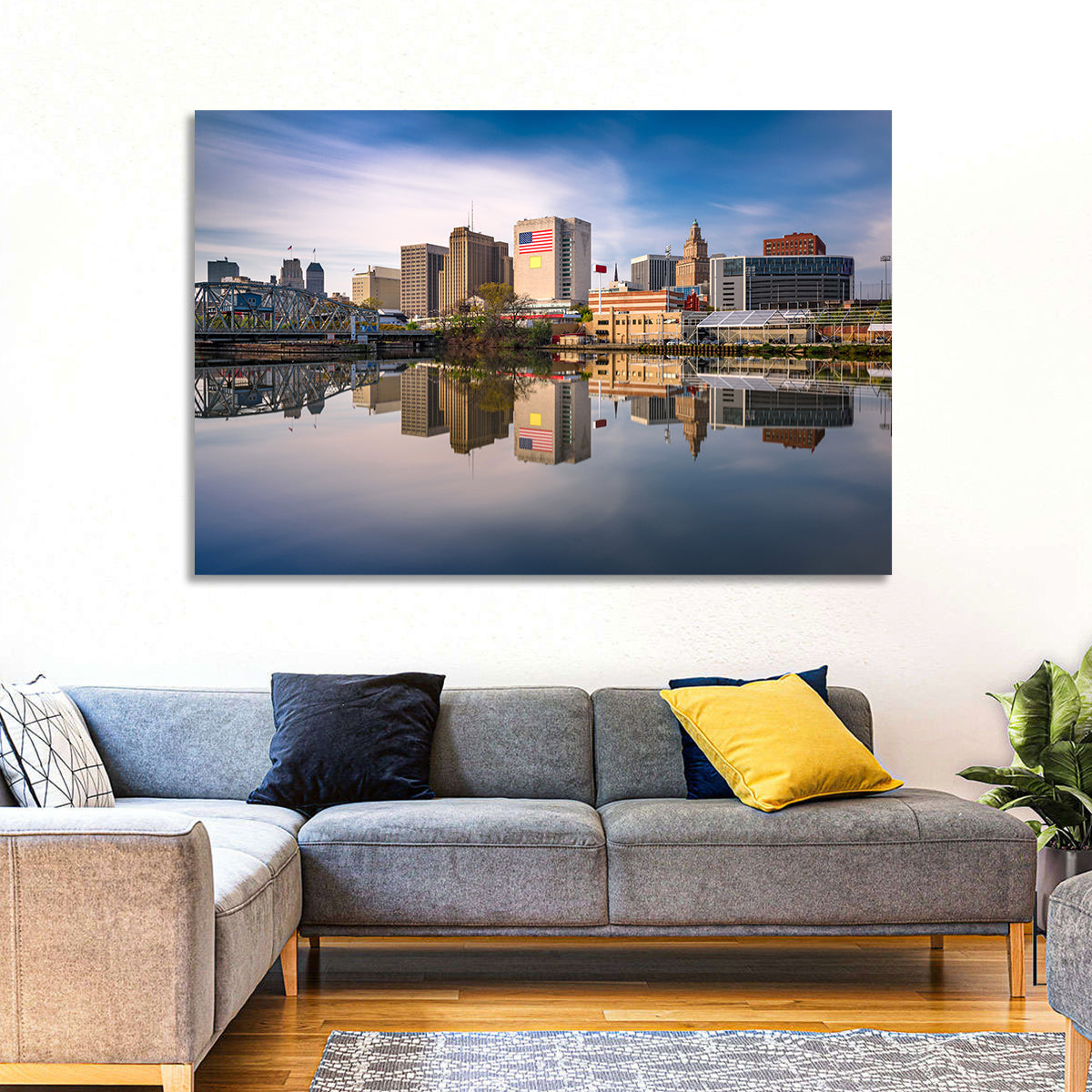 Newark Skyline Reflection Wall Art in a room, landscape